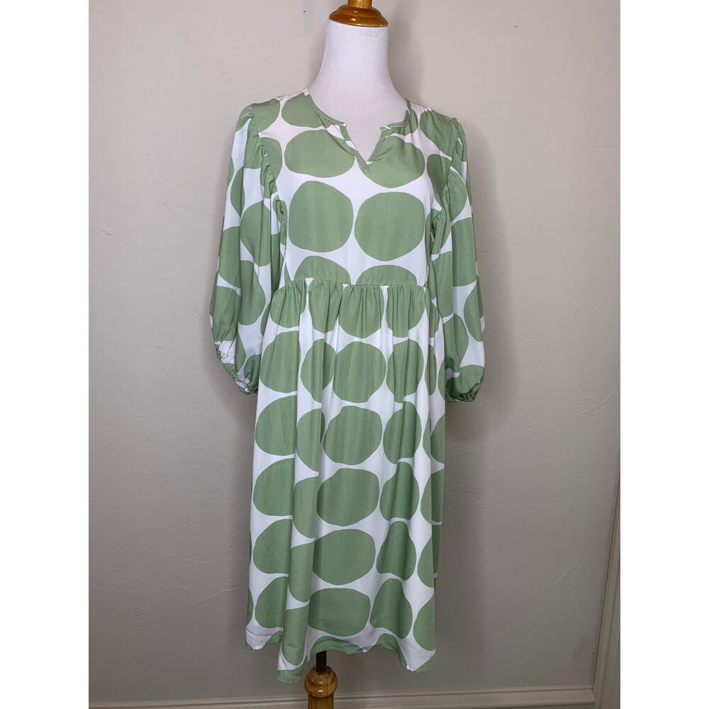 Ces Femme Sage Green Polka Dot Babydoll Dress Sz Large Boho